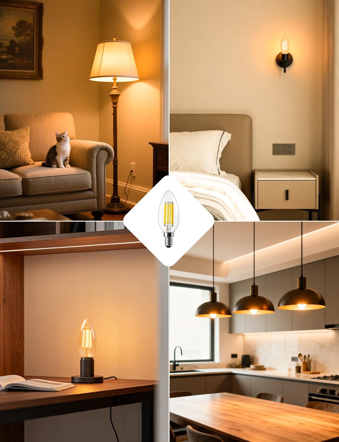 Lepro E14 LED Candle Bulb, Ultra Efficient A-Rated, 2.2W = 40W, 470lm, Warm White 2700K, 50000H Lifespan, SES Small Edison Screw, Clear Glass Vintage Filament Bulb, Pack of 4