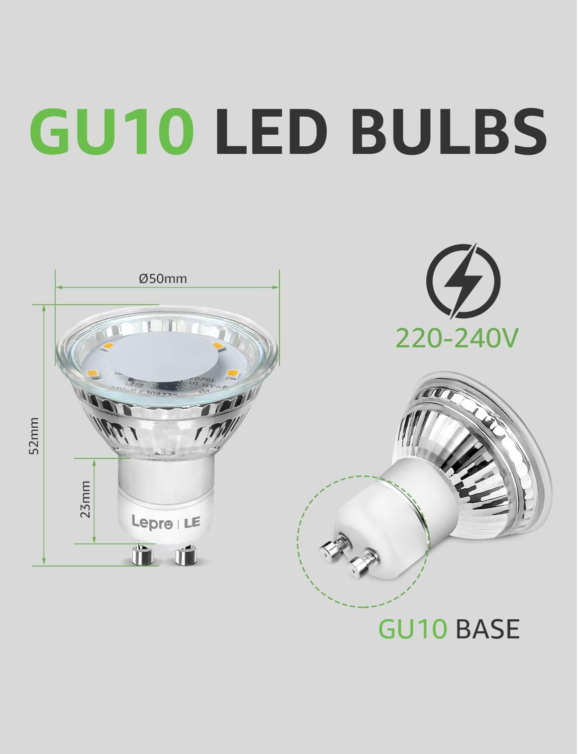 Lepro GU10 LED Bulbs, Cool White 5000K, 50W Halogen Spotlight Equivalent, 4W 325lm Energy Saving GU10 LED Light Bulbs, 100° Wide Beam, Non-dimmable, Pack of 10