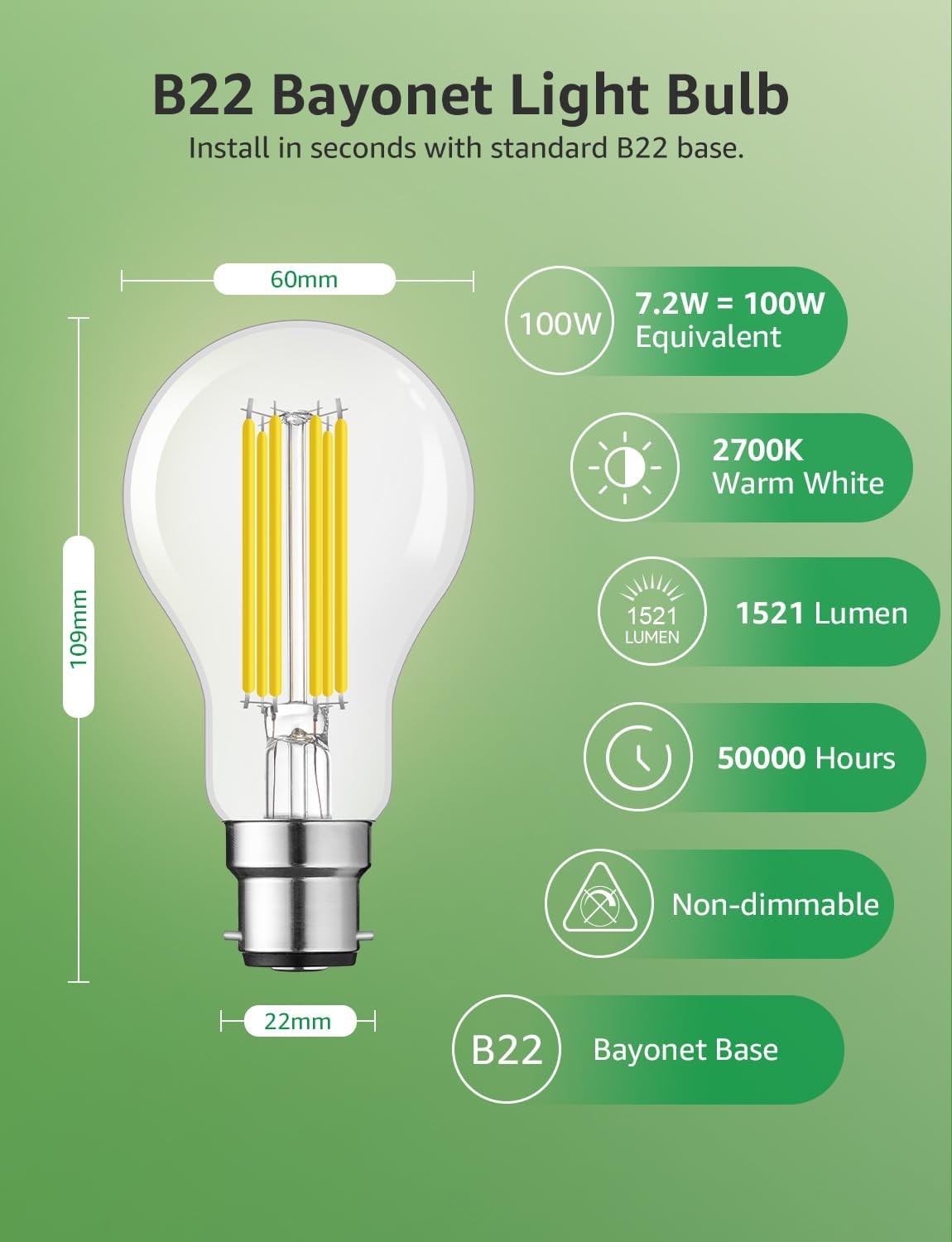 Lepro LED Light Bulbs Bayonet, Ultra Efficient A-Rated B22 Bulb, 7.2W = 100W, 1521lm, 2700K Warm White, 50000H Lifespan, Clear Filament, Glass, Non-dimmable