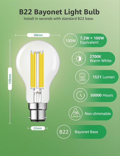 Lepro LED Light Bulbs Bayonet, Ultra Efficient A-Rated B22 Bulb, 7.2W = 100W, 1521lm, 2700K Warm White, 50000H Lifespan, Clear Filament, Glass, Non-dimmable