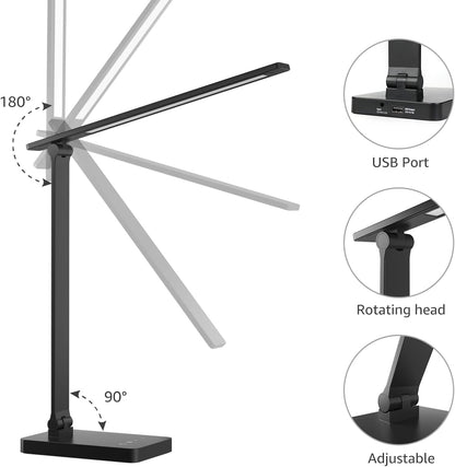 Lepro LED Desk Lamp, Desk Lamp with Power Adapter, 655lm, Desk Lamps Office with USB Charging Port, 5 Brightness Levels x 3 Colour Mode, Touch Control Daylight Lamp for Office, Nails, Study, Bedroom