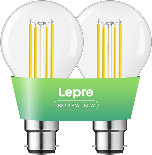 Lepro Vintage Bayonet Light Bulb, Ultra Efficient A-Rated B22 Bulb, 3.8W = 60W, 806lm, 2700K Warm White, 50000H Lifespan, Clear Filament, Glass, Non-dimmable, Pack of 2