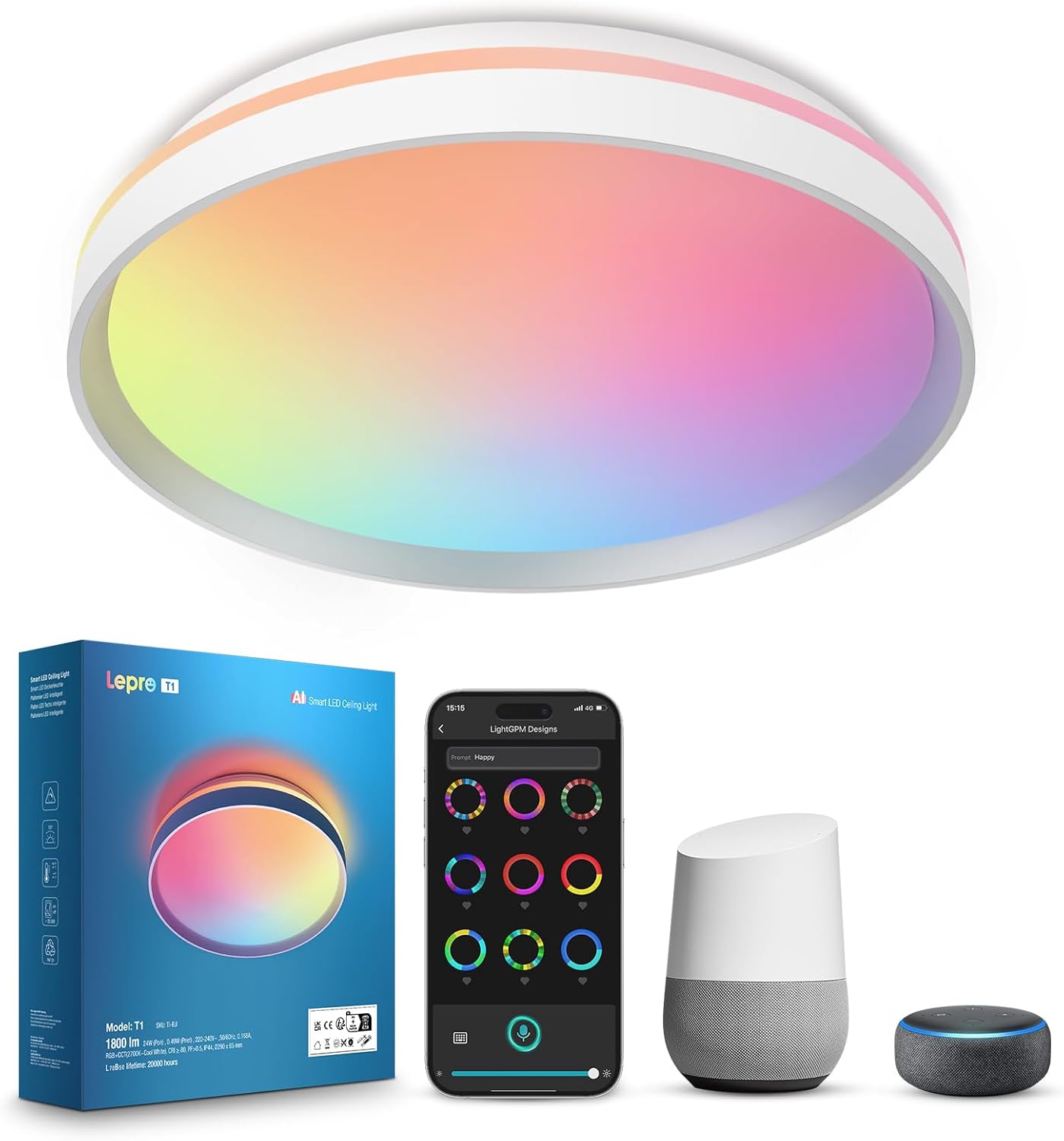 Lepro T1 AI Smart Ceiling Light 24W, Music Sync, Voice Control, AI Lighting Design Assistant, Waterproof Bathroom Light, Bluetooth WiFi Color Changing Ceiling Light, Work with Alexa, Google Home, 29CM