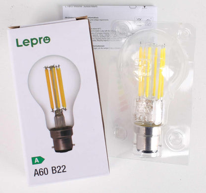 Lepro LED Light Bulbs Bayonet, Ultra Efficient A-Rated B22 Bulb, 7.2W = 100W, 1521lm, 2700K Warm White, 50000H Lifespan, Clear Filament, Glass, Non-dimmable