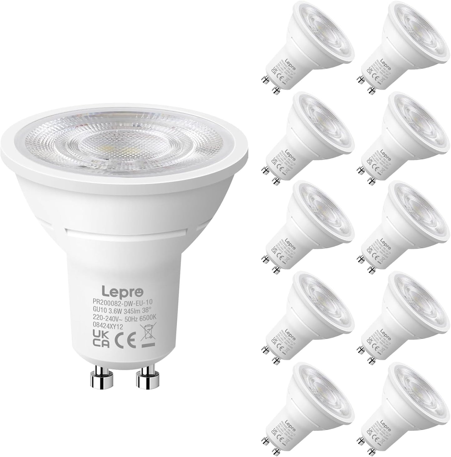 Lepro GU10 LED Spotlight Bulbs 3.6W, Cool White 6500K, 345lm, 50W Halogen Spot Light Bulbs Equivalent, Energy Saving GU10 Daylight Bulbs, No Flickering, Non-dimmable, Pack of 10
