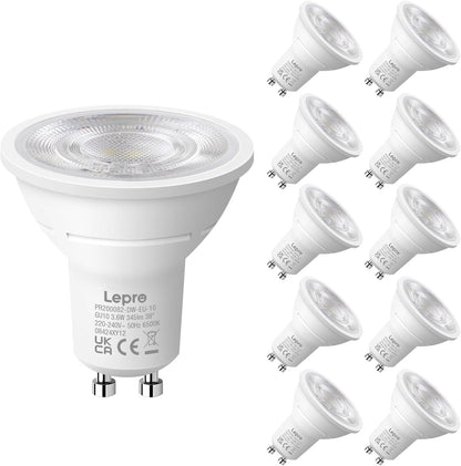 Lepro GU10 LED Spotlight Bulbs 3.6W, Cool White 6500K, 345lm, 50W Halogen Spot Light Bulbs Equivalent, Energy Saving GU10 Daylight Bulbs, No Flickering, Non-dimmable, Pack of 10