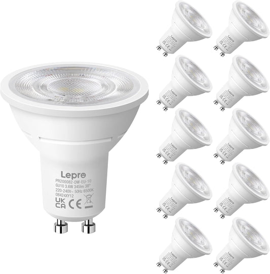 Lepro GU10 LED Spotlight Bulbs 3.6W, Cool White 6500K, 345lm, 50W Halogen Spot Light Bulbs Equivalent, Energy Saving GU10 Daylight Bulbs, No Flickering, Non-dimmable, Pack of 10