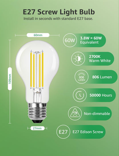 Lepro E27 Vintage Light Bulbs, Ultra Efficient A-Rated GLS Bulb, 3.8W = 60W, 806lm, 2700K Warm White, 50000H Lifespan, Clear Filament, Glass, Non-dimmable, Pack of 4