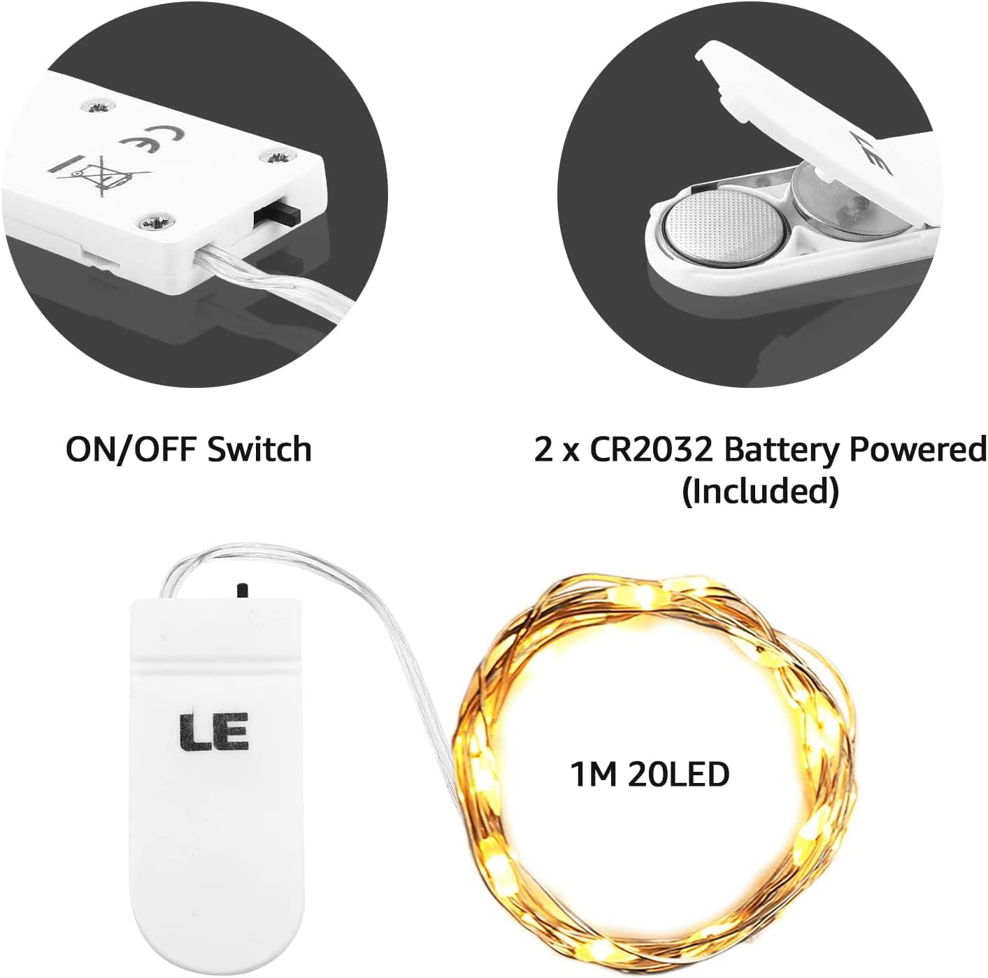 LE Battery Fairy Lights, 1M 20 LED Small Fairy Lights, Warm White Christmas Lights, Battery Powered Mini Copper Wire Lights for Halloween, Christmas Tree, Party, Table Decorations, Pack of 4