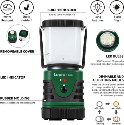 LE Camping Light Rechargeable, 1000 Lumen Camping Lantern, Dimmable 4 Modes Camping Tent Lights with 4400mAh Power Bank, Camping Accessories, Rechargeable Lantern for Outdoors, Power Cuts and More