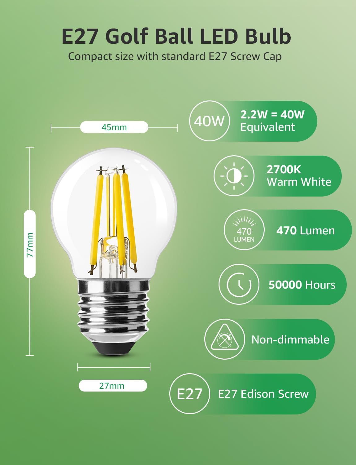 Lepro E27 Golf Ball Bulb, Ultra Efficient A-Rated, 2.2W = 40W, 470lm, Warm White 2700K, 50000H Lifespan, Edison Screw in Light Bulb, Clear Glass Vintage Filament Bulb, Pack of 4