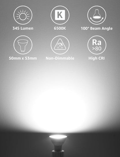 Lepro GU10 LED Bulbs, Cool White 6500K, 4.5W 345lm Daylight Led Bulbs, No Flickering, 50W Halogen Bulb Equivalent, Non-dimmable Energy Saving Light Bulbs, 100° Wide Beam, 10 Packs