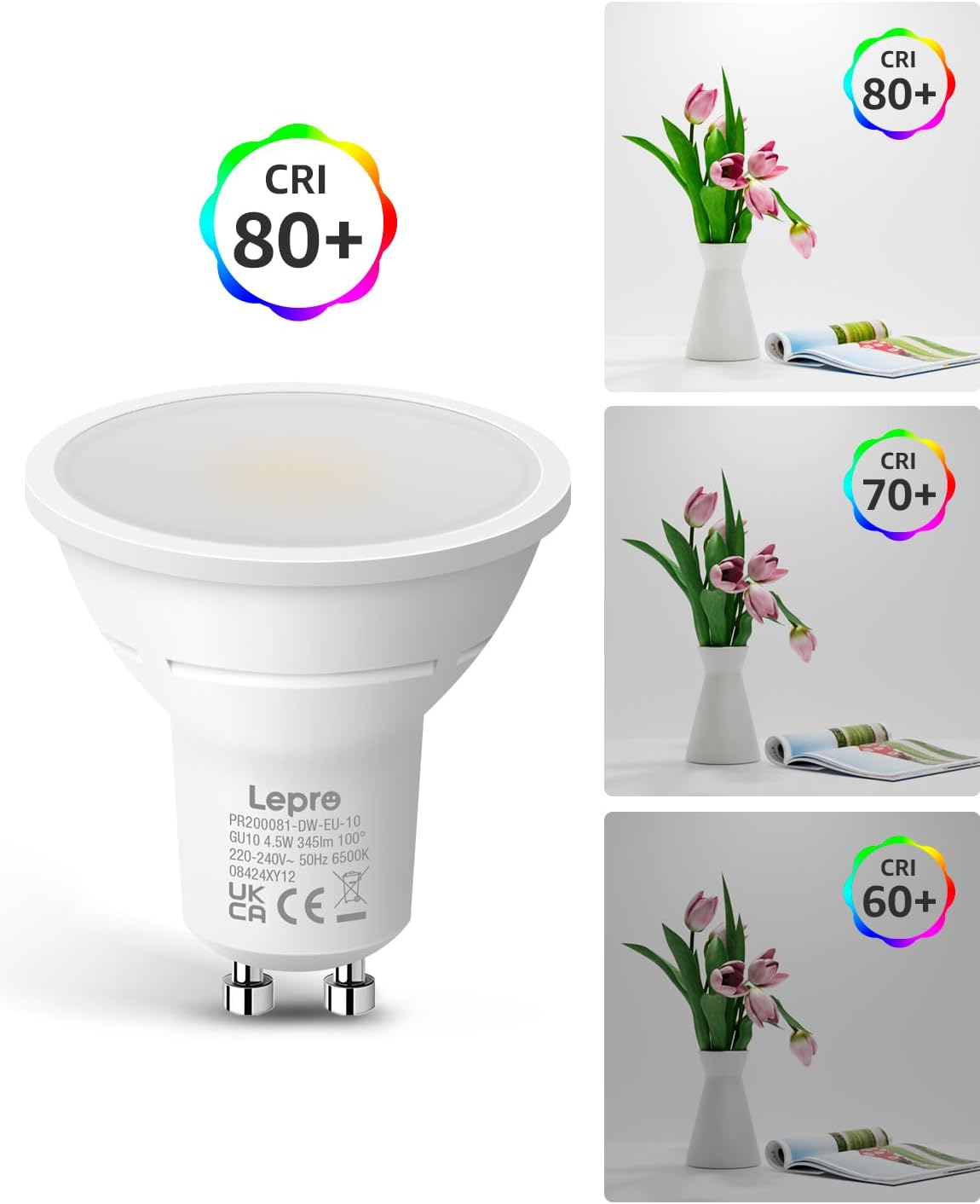 Lepro GU10 LED Bulbs, Cool White 6500K, 4.5W 345lm Daylight Led Bulbs, No Flickering, 50W Halogen Bulb Equivalent, Non-dimmable Energy Saving Light Bulbs, 100° Wide Beam, 10 Packs