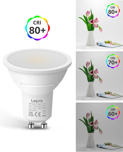 Lepro GU10 LED Bulbs, Cool White 6500K, 4.5W 345lm Daylight Led Bulbs, No Flickering, 50W Halogen Bulb Equivalent, Non-dimmable Energy Saving Light Bulbs, 100° Wide Beam, 10 Packs