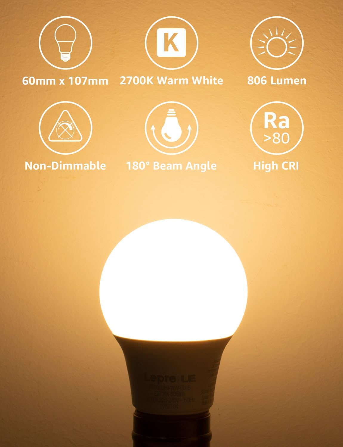 Lepro E27 Screw Bulbs 60W Equivalent, Warm White 2700K E27 LED Bulb, 8.5W 806lm Edison Screw ES LED Light Bulb, Energy Saving E27 Bulbs for Lamp, Non-dimmable, Pack of 3