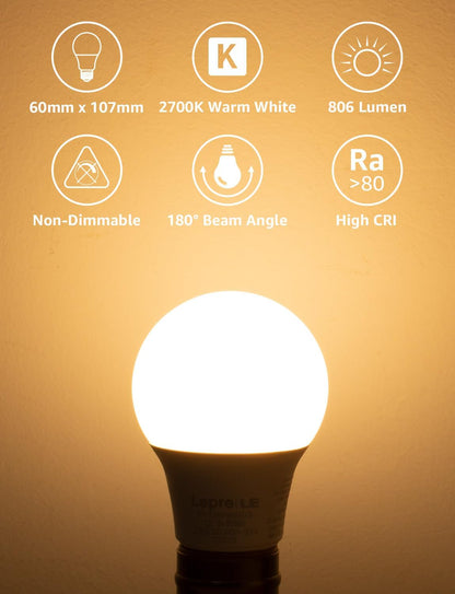 Lepro E27 Screw Bulbs 60W Equivalent, Warm White 2700K E27 LED Bulb, 8.5W 806lm Edison Screw ES LED Light Bulb, Energy Saving E27 Bulbs for Lamp, Non-dimmable, Pack of 3