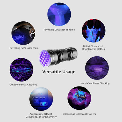 Lepro UV Light, 21 LED 395nm UV Torch, Black Light Detector for Pets Urine, Stain, Bed Bugs on Carpet or Floor, Fake Banknote and More, 3 AAA Batteries Included