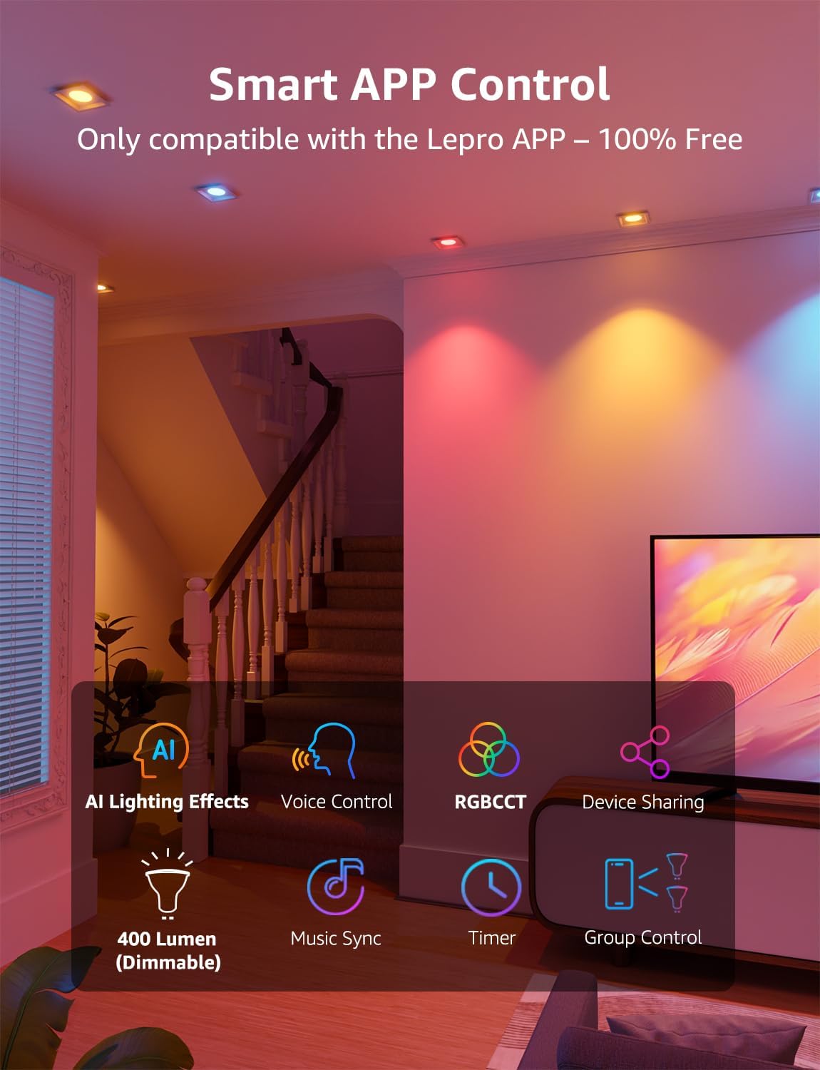 Lepro BG1 AI Smart Bulb GU10, Music Sync, Voice Control WiFi Bulbs, 400LM RGBCCT Dimmable Colour Changing LED Bulbs, Works with Alexa & Google Assistant, AI Lighting Design Assistant, 4 Packs