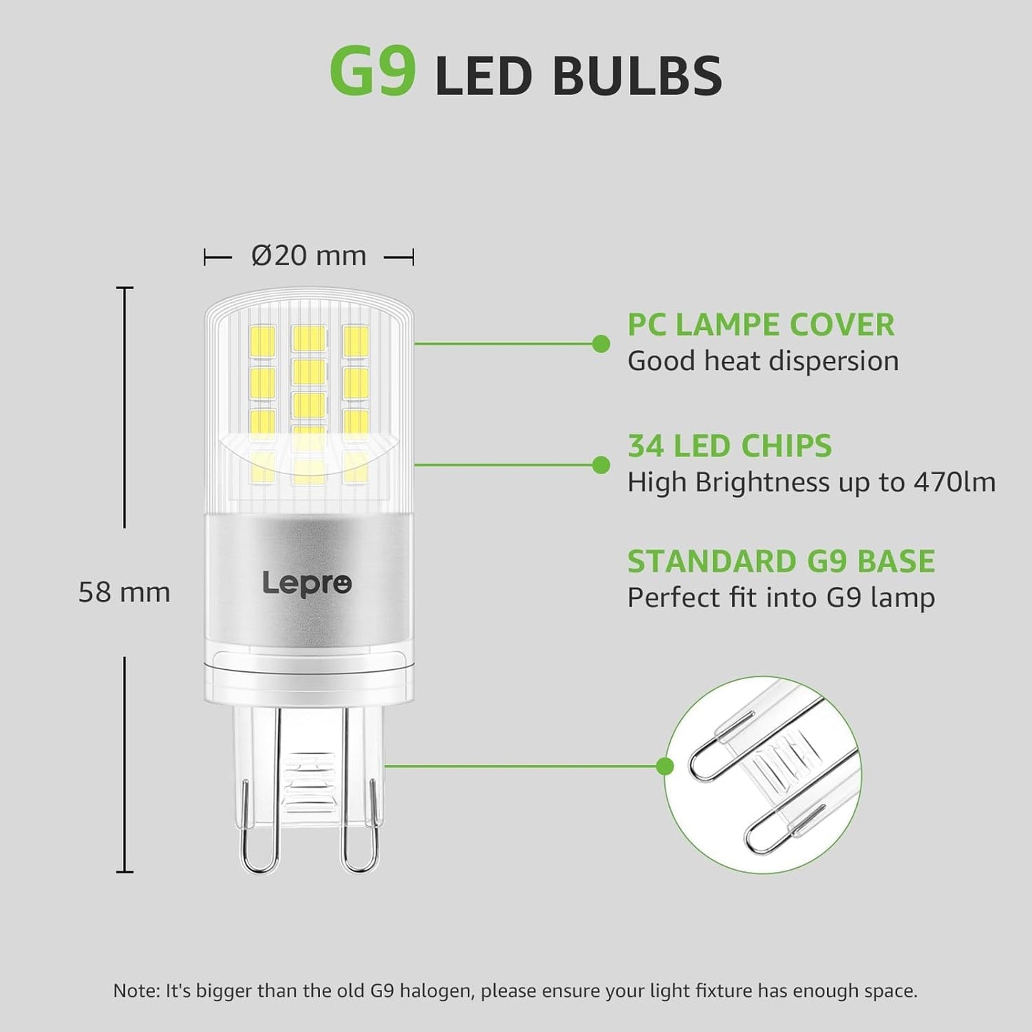 Lepro G9 LED Bulbs Cool White, 3.8W 470lm G9 LED Bulb, 40W Equivalent G9 Capsule Bulb, Energy Saving LED G9 Bulbs Cool White 6000K, AC 220V-240V, Non-dimmable, Pack of 5