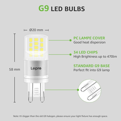 Lepro G9 LED Bulbs Cool White, 3.8W 470lm G9 LED Bulb, 40W Equivalent G9 Capsule Bulb, Energy Saving LED G9 Bulbs Cool White 6000K, AC 220V-240V, Non-dimmable, Pack of 5