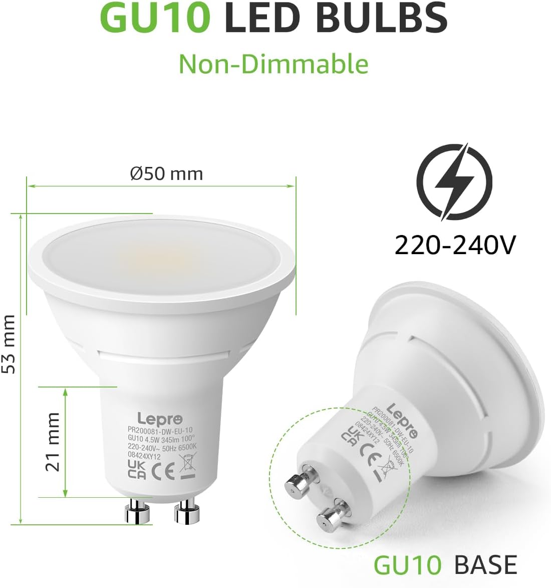 Lepro GU10 LED Bulbs, Cool White 6500K, 4.5W 345lm Daylight Led Bulbs, No Flickering, 50W Halogen Bulb Equivalent, Non-dimmable Energy Saving Light Bulbs, 100° Wide Beam, 10 Packs