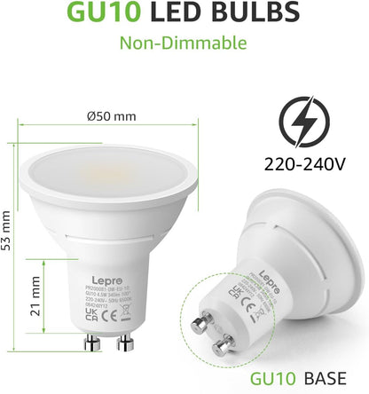 Lepro GU10 LED Bulbs, Cool White 6500K, 4.5W 345lm Daylight Led Bulbs, No Flickering, 50W Halogen Bulb Equivalent, Non-dimmable Energy Saving Light Bulbs, 100° Wide Beam, 10 Packs