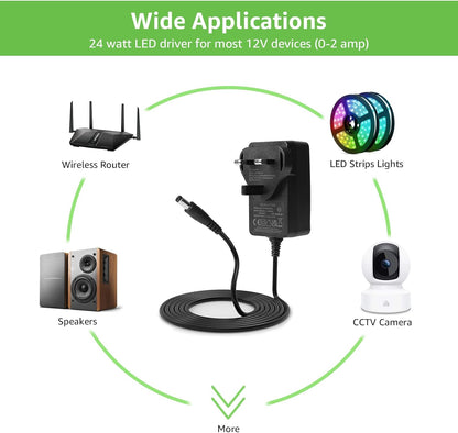 LE 12V 2A Power Supply for LED Strip Lights, AC 100-240V Mains to DC 12V Converter Adapter Driver Transformer, 24W UK Plug with 1.5M Cable, 5.5mm x 2.1mm Jack, GS TUV Approved