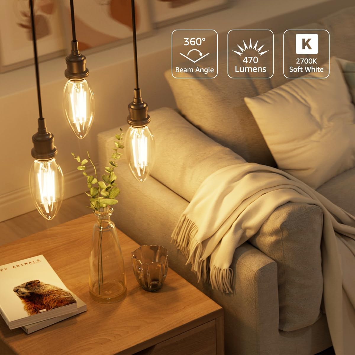 Lepro E14 LED Light Bulb, LED Candle Bulbs Small Screw, 4W 470lm, 40W Equivalent SES E14 Bulb Vintage, Warm White 2700K C35 LED Bulbs, 360° Beam Angle, Clear Filament, Non Dimmable, Pack of 6