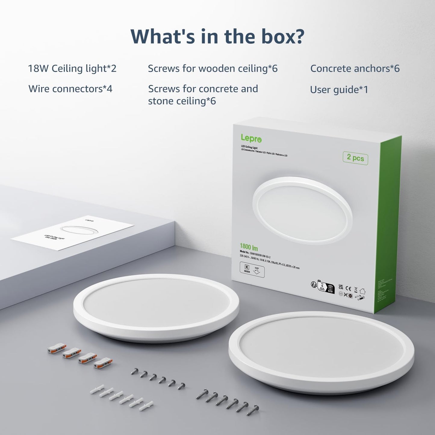 Lepro 2 Pack of Bathroom Lights, 18W 1800lm LED Ceiling Light, Waterproof IP44, 2.6cm Ultra-Thin, 5000K, Round, Flush Ceiling Lighting for Bathroom, Kitchen, Bedroom, Hallway, Utility Room, Ø22cm