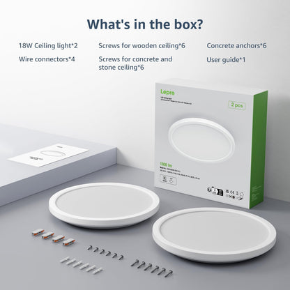 Lepro 2 Pack of Bathroom Lights, 18W 1800lm LED Ceiling Light, Waterproof IP44, 2.6cm Ultra-Thin, 5000K, Round, Flush Ceiling Lighting for Bathroom, Kitchen, Bedroom, Hallway, Utility Room, Ø22cm