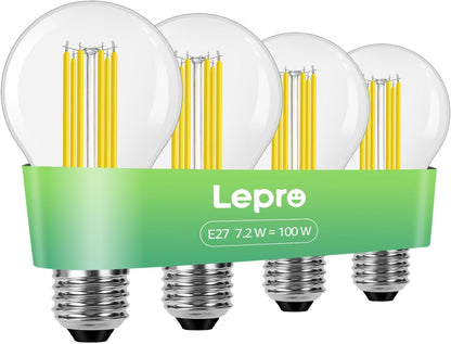 Lepro E27 Screw Bulb Vintage, Ultra Efficient A-Rated GLS Bulb, 7.2W = 100W, 1521lm, 2700K Warm White, 50000H Lifespan, Clear Filament, Glass, Non-dimmable, Pack of 4