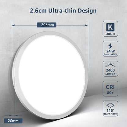 Lepro 24W 2400lm Ceiling Light, 29.3cm Large LED Bathroom Light, 2.6cm Ultra-Thin, Waterproof, Daylight White 5000K, Flush Ceiling Light for Living Room, Bedroom, Kitchen, Garage and More, 2 Packs