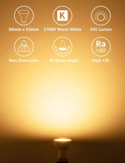 Lepro GU10 LED Bulbs, Warm White 2700K, 4W 345lm Energy Saving Light Bulbs, 50W GU10 Halogen Spotlight Bulbs Equivalent, 38° Narrow Beam, No Flickering, Non-dimmable, Pack of 10