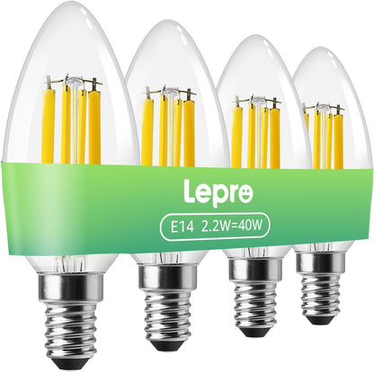 Lepro E14 LED Candle Bulb, Ultra Efficient A-Rated, 2.2W = 40W, 470lm, Warm White 2700K, 50000H Lifespan, SES Small Edison Screw, Clear Glass Vintage Filament Bulb, Pack of 4