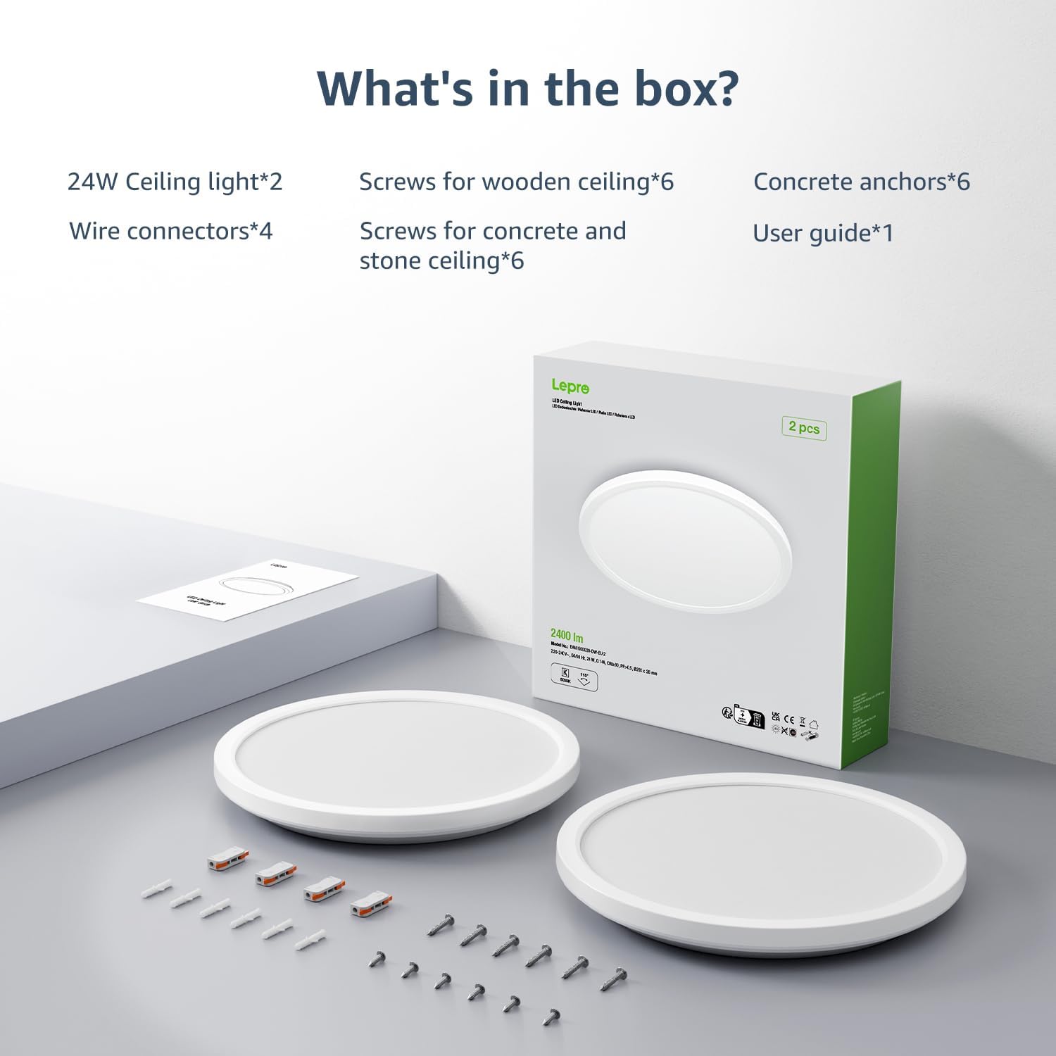 Lepro 24W 2400lm Ceiling Light, 29.3cm Large LED Bathroom Light, 2.6cm Ultra-Thin, Waterproof, Daylight White 5000K, Flush Ceiling Light for Living Room, Bedroom, Kitchen, Garage and More, 2 Packs