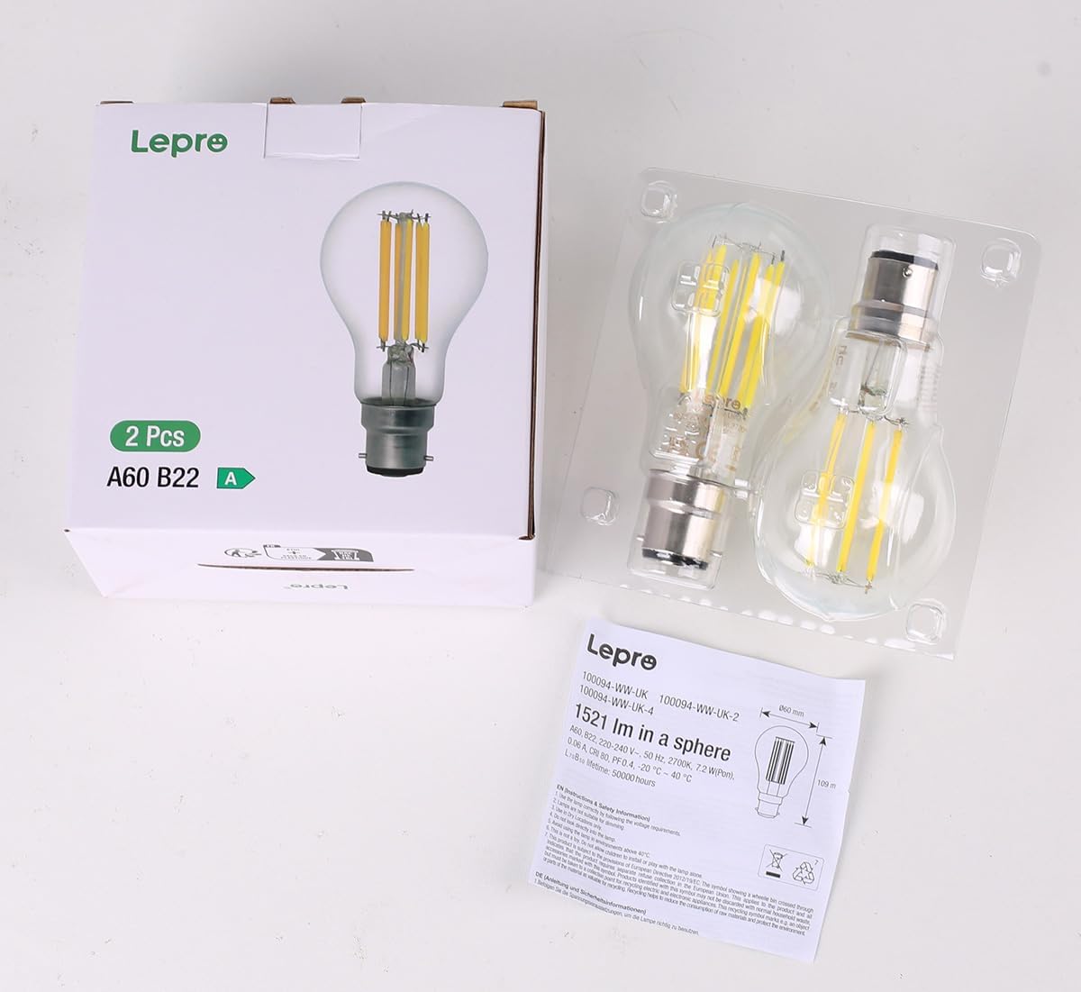 Lepro LED Light Bulbs Bayonet, Ultra Efficient A-Rated B22 Bulb, 7.2W = 100W, 1521lm, 2700K Warm White, 50000H Lifespan, Clear Filament, Glass, Non-dimmable, Pack of 2