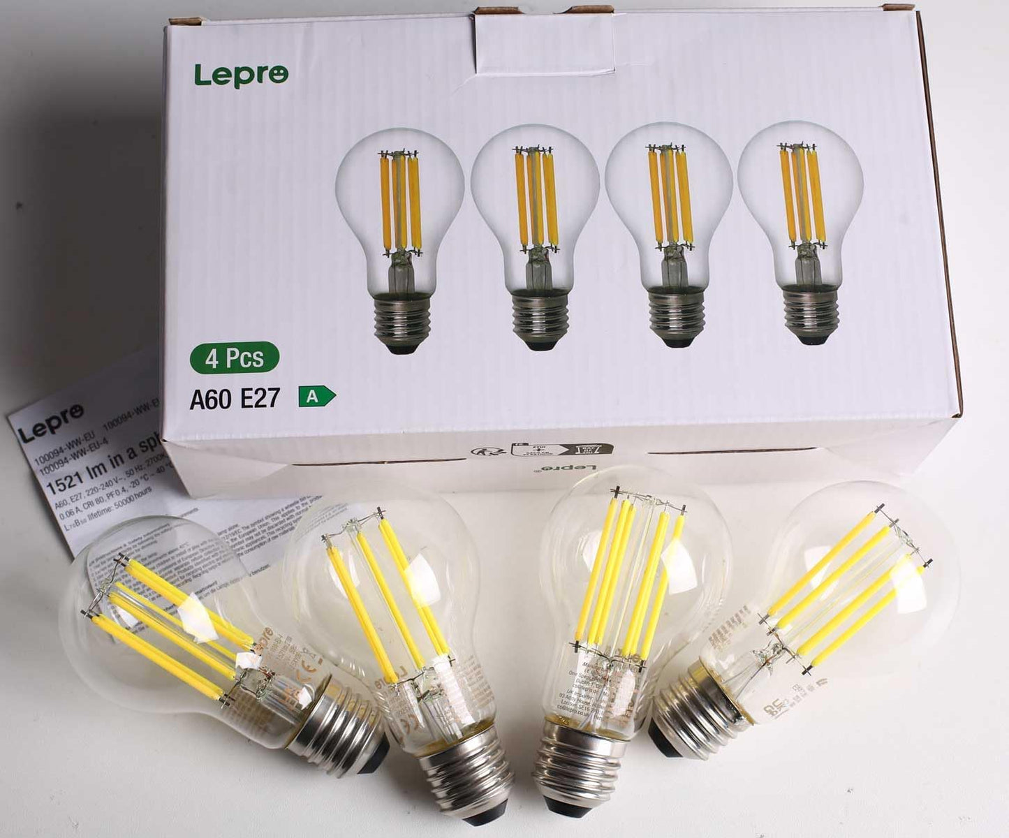 Lepro E27 Screw Bulb Vintage, Ultra Efficient A-Rated GLS Bulb, 7.2W = 100W, 1521lm, 2700K Warm White, 50000H Lifespan, Clear Filament, Glass, Non-dimmable, Pack of 4
