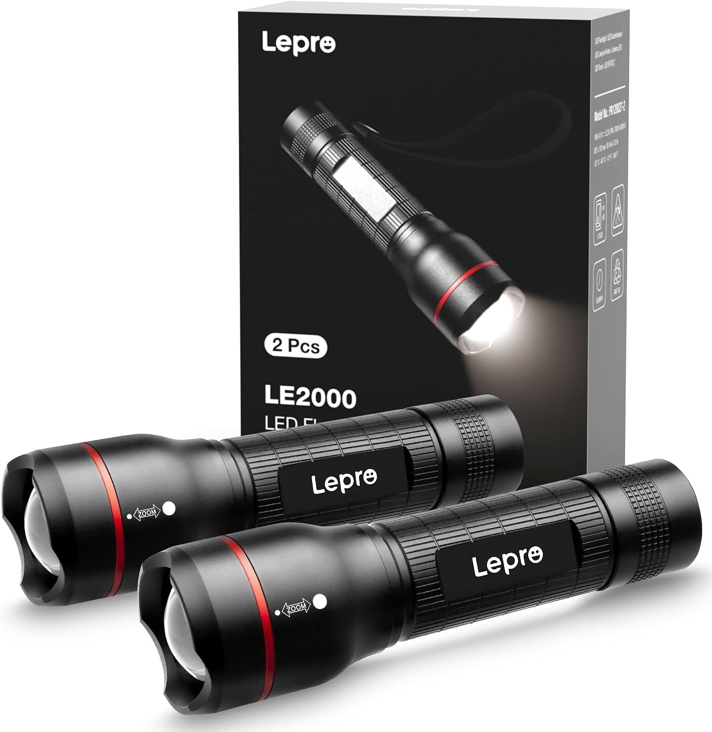 Lepro 2 Pack LED Torch Super Bright, LE2000 Powerful Flashlight, Powered by AAA Battery, Water Resistant, 5 Modes, Zoomable, Pocket Size, Lightweight, for Camping, Run, Dog Walking, Fathers Day Gift