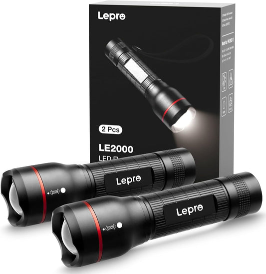 Lepro 2 Pack LED Torch Super Bright, LE2000 Powerful Flashlight, Powered by AAA Battery, Water Resistant, 5 Modes, Zoomable, Pocket Size, Lightweight, for Camping, Run, Dog Walking, Fathers Day Gift