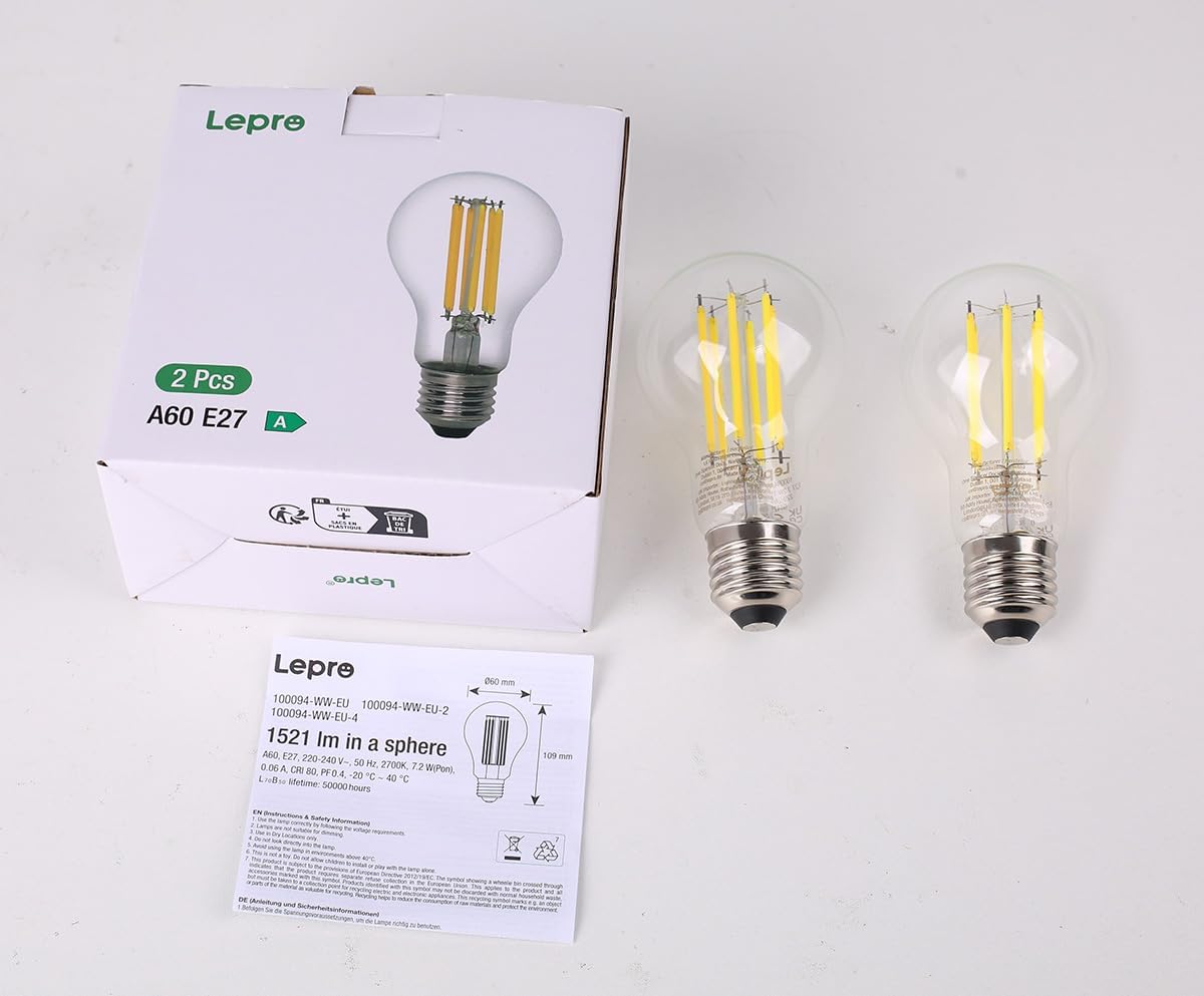 Lepro E27 Screw Bulb Vintage, Ultra Efficient A-Rated GLS Bulb, 7.2W = 100W, 1521lm, 2700K Warm White, 50000H Lifespan, Clear Filament, Glass, Non-dimmable, Pack of 2