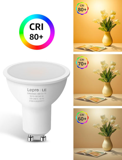 Lepro GU10 LED Bulbs, Warm White 2700K, 4W 345lm, 50W Halogen Spotlight Bulb Equivalent, Energy Saving GU10 LED Light Bulbs, 100° Wide Beam, Non-dimmable, Pack of 10