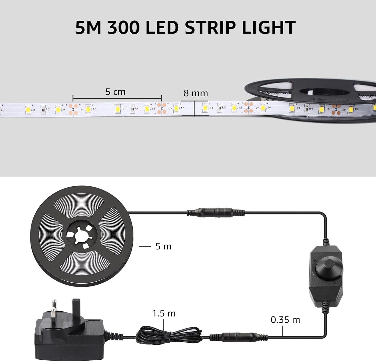 Lepro LED Strip Light White 5M 300 LEDs, 1650lm Dimmable Strip Lights for Kitchen, Cool White 6000K Daylight LED Strip for Under Units Cabinet Cupboards (12V Power Plug and Dimmer Switch Included)