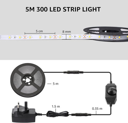 Lepro LED Strip Light White 5M 300 LEDs, 1650lm Dimmable Strip Lights for Kitchen, Cool White 6000K Daylight LED Strip for Under Units Cabinet Cupboards (12V Power Plug and Dimmer Switch Included)