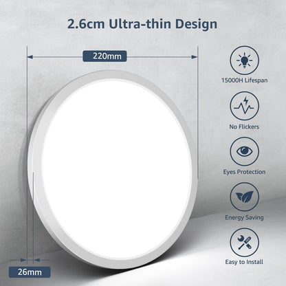 Lepro 2 Pack of Bathroom Lights, 18W 1800lm LED Ceiling Light, Waterproof IP44, 2.6cm Ultra-Thin, 5000K, Round, Flush Ceiling Lighting for Bathroom, Kitchen, Bedroom, Hallway, Utility Room, Ø22cm