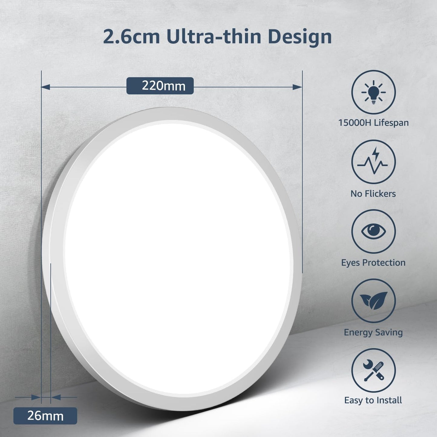 Lepro Bathroom Light, 18W 1800lm LED Ceiling Light, Waterproof IP44, 2.6cm Ultra-thin, 5000K, Round, Modern Flush Ceiling Lighting for Bathroom, Kitchen, Bedroom, Hallway, Utility Room, Ø22cm, 4 Packs