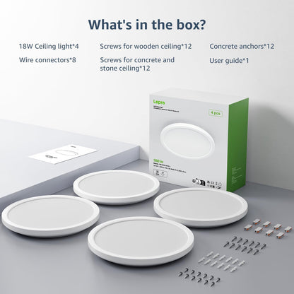 Lepro Bathroom Light, 18W 1800lm LED Ceiling Light, Waterproof IP44, 2.6cm Ultra-thin, 5000K, Round, Modern Flush Ceiling Lighting for Bathroom, Kitchen, Bedroom, Hallway, Utility Room, Ø22cm, 4 Packs