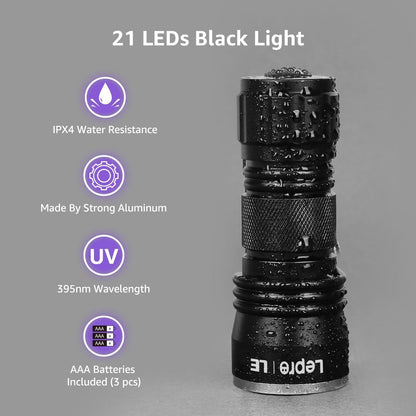 Lepro UV Light, 21 LED 395nm UV Torch, Black Light Detector for Pets Urine, Stain, Bed Bugs on Carpet or Floor, Fake Banknote and More, 3 AAA Batteries Included