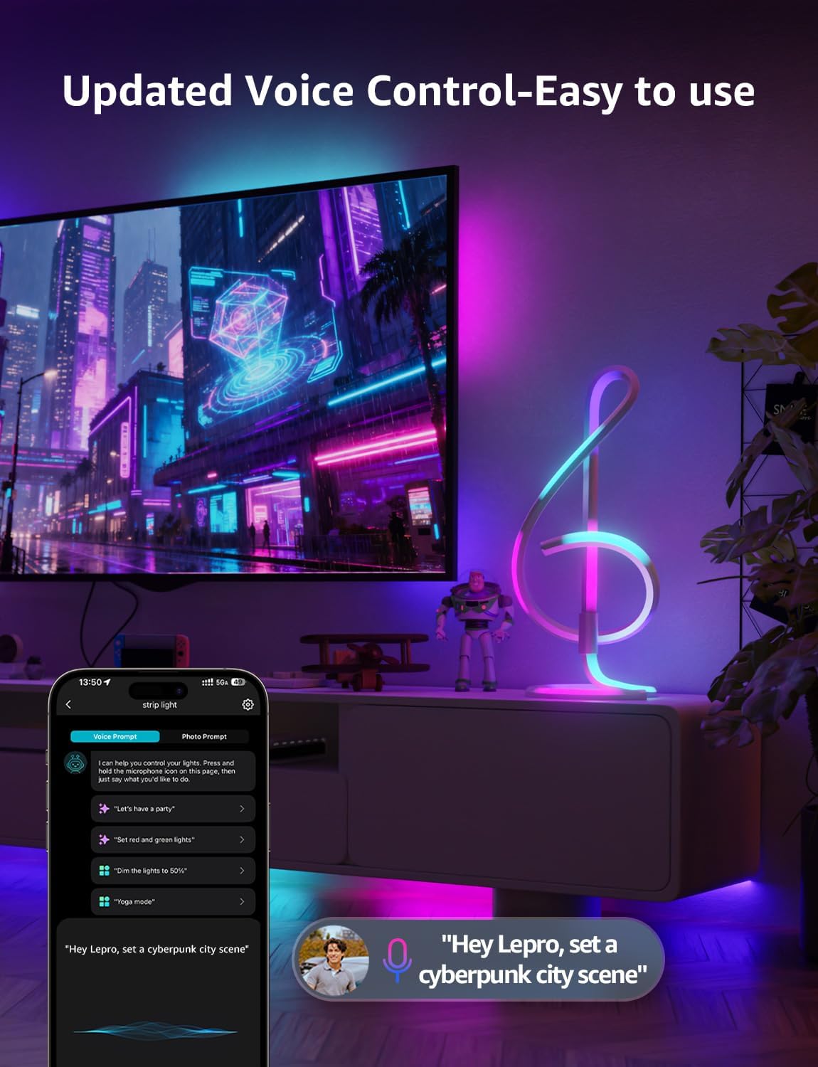 Lepro TB2 AI Table Lamp, Smart LED Lamp with Music Sync, AI Lighting Design Assistant, Colour Changing Smart Table Lamp, Voice Cotrol, Works with Alexa & Google Assistant, Bluetooth & 2.4GHz WiFi