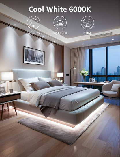 Lepro White LED Strip Light 10M, 2000lm Dimmable LED Lights, 24V UK Plug LED Strip with Dimmer Switch, 6000K Cool White Strip Lights for Kitchen, Cabinet, Wardrobe, Conservatory, Garage (1 Roll)