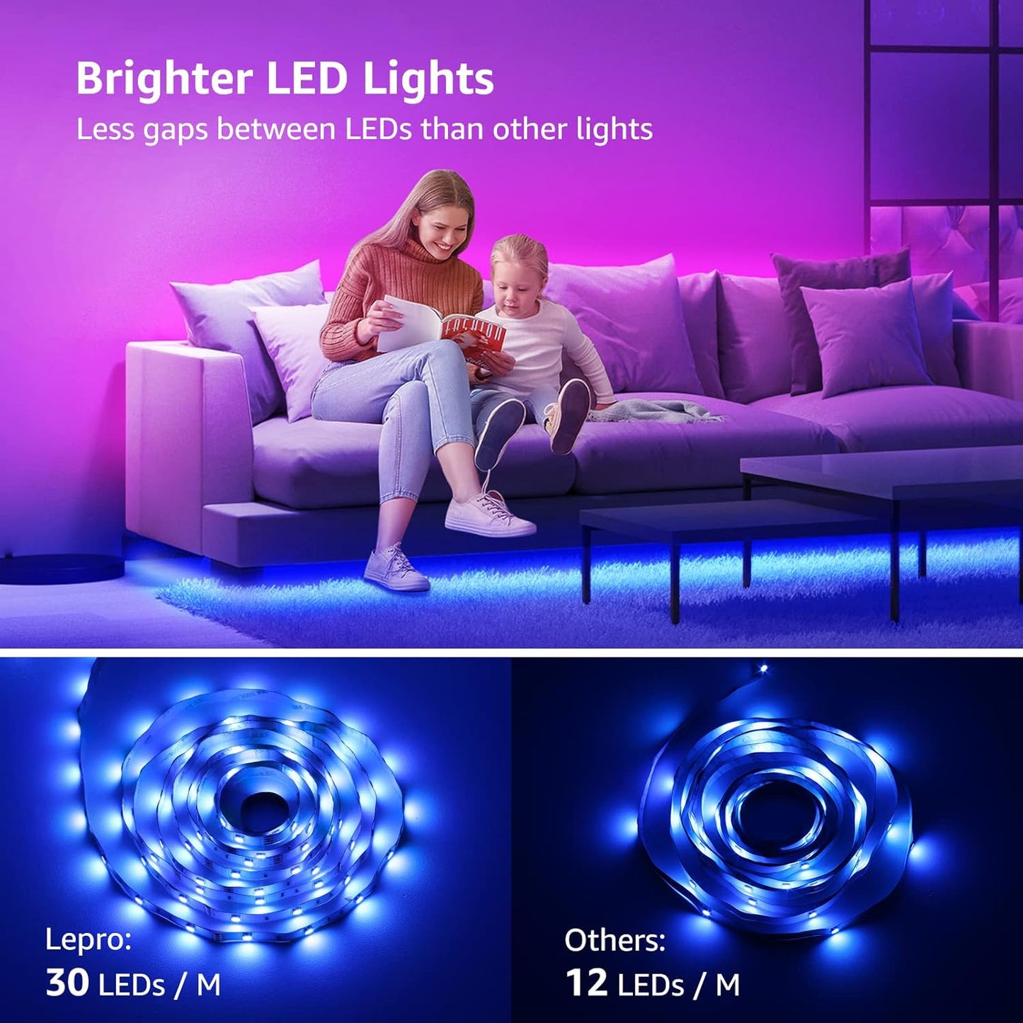 Lepro LED Strip Lights 15M (2x7.5M), RGB Colour Changing LED Strip with 44-Key Remote and 12V Power Plug, Stick-on LED Lights for Bedroom Home Decoration (450 Bright 5050 LED)